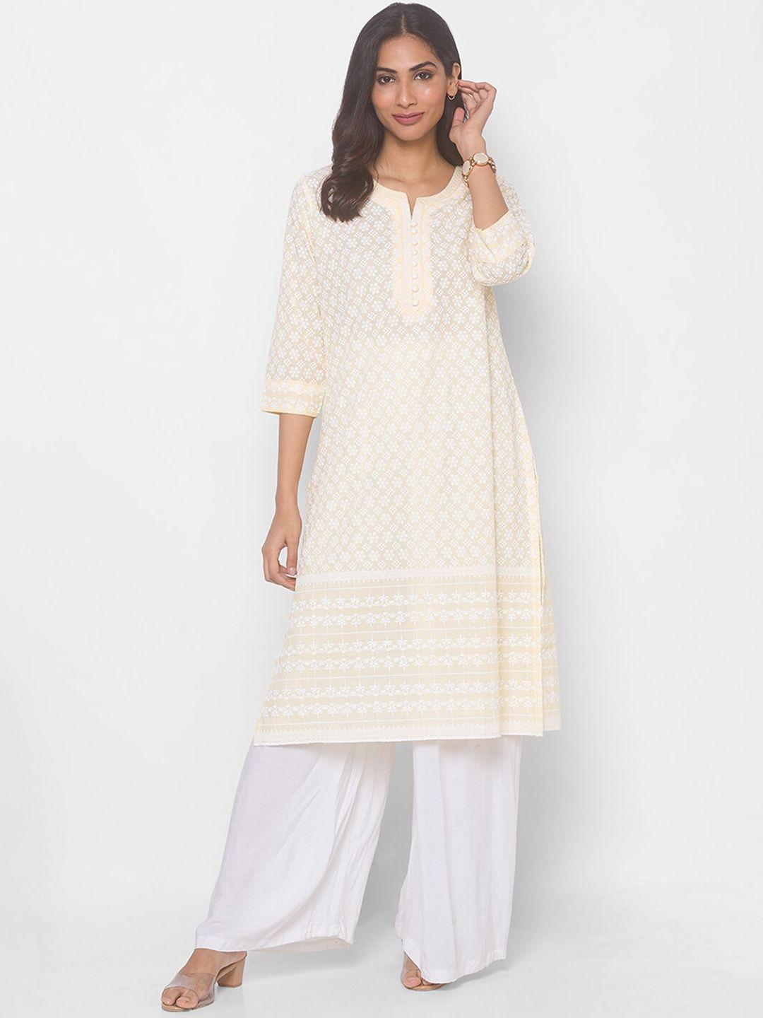 zola women cream-coloured ethnic motifs embroidered lucknowi chikankari kurta