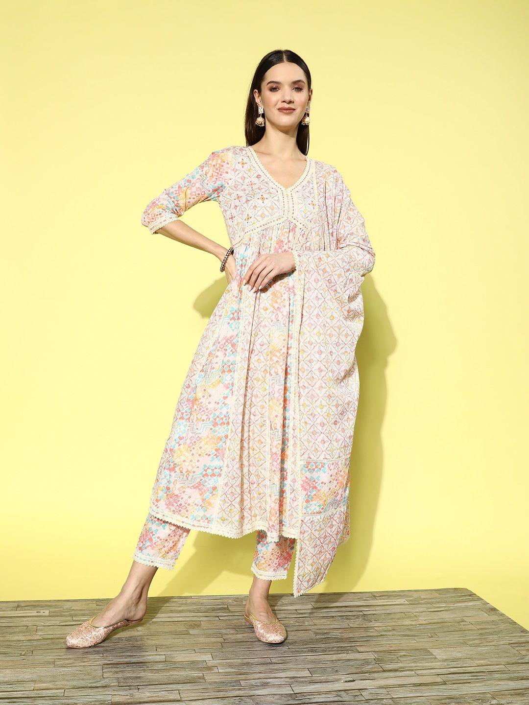 zola women cream-coloured floral embroidered regular kurta with trousers & with dupatta