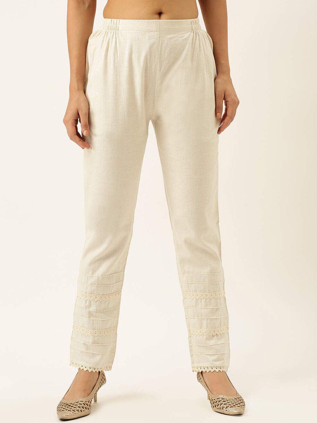 zola women cream-coloured mid-rise cotton trousers