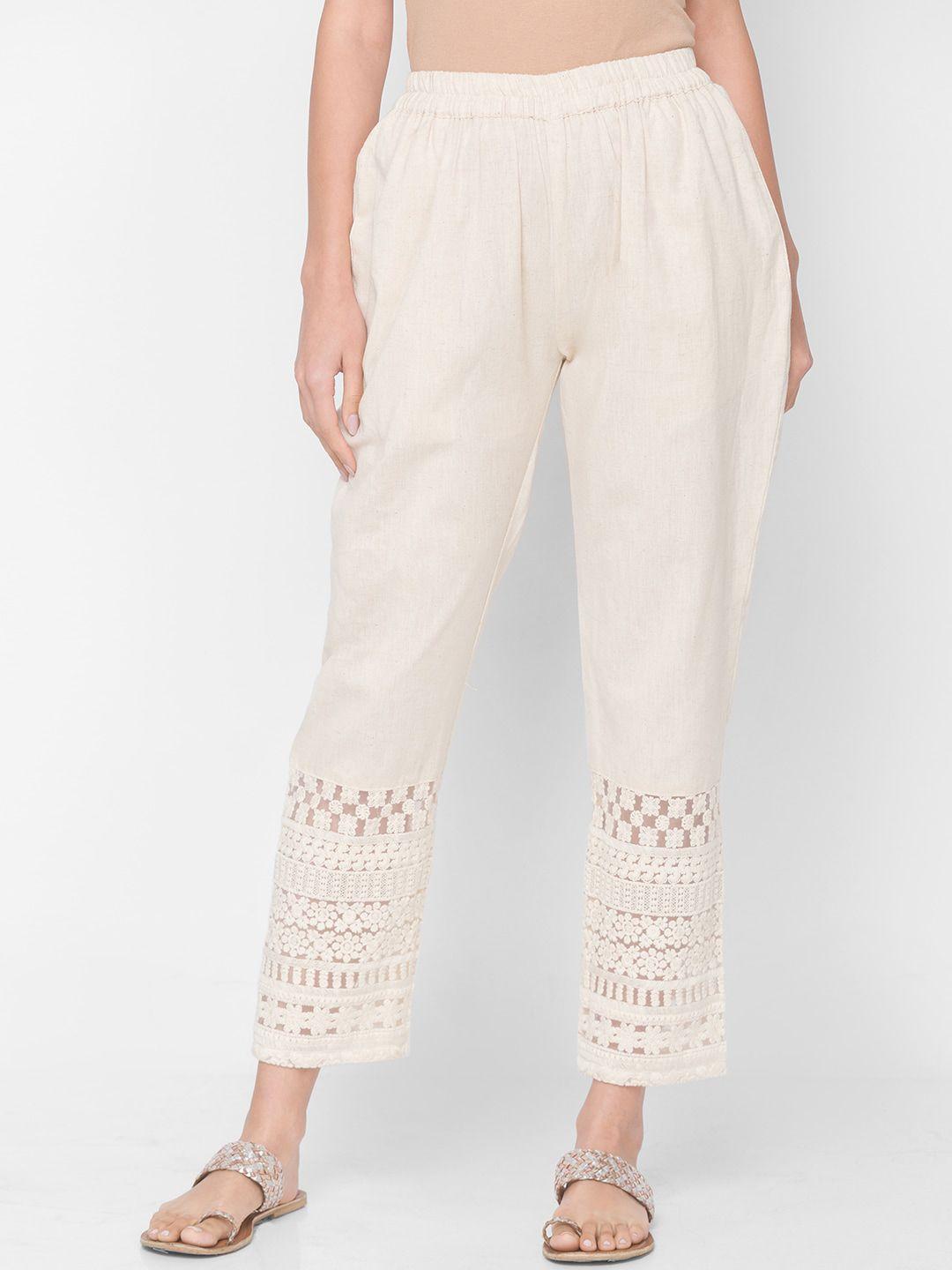 zola women cream-coloured textured embroidered pure cotton ethnic trousers