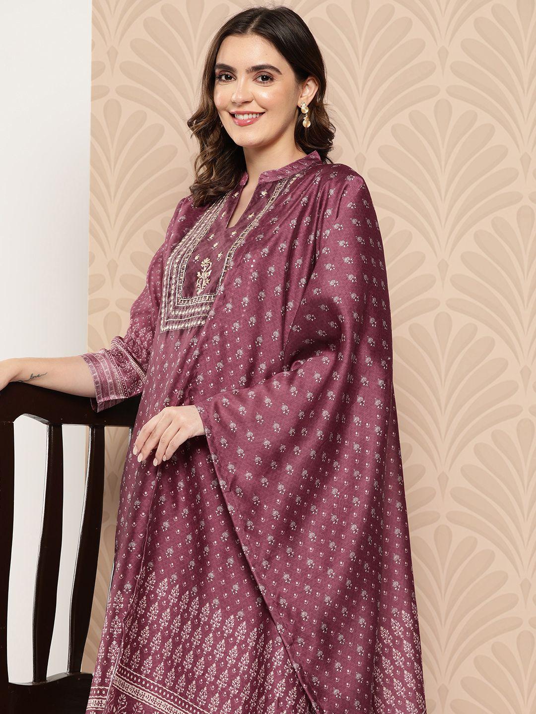 zola women ethnic motifs printed mirror work chanderi silk kurta with trousers & dupatta