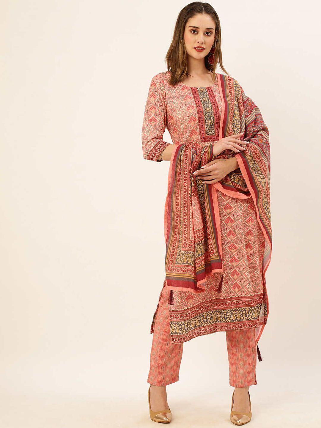 zola women ethnic motifs printed regular linen kurta with trousers & dupatta