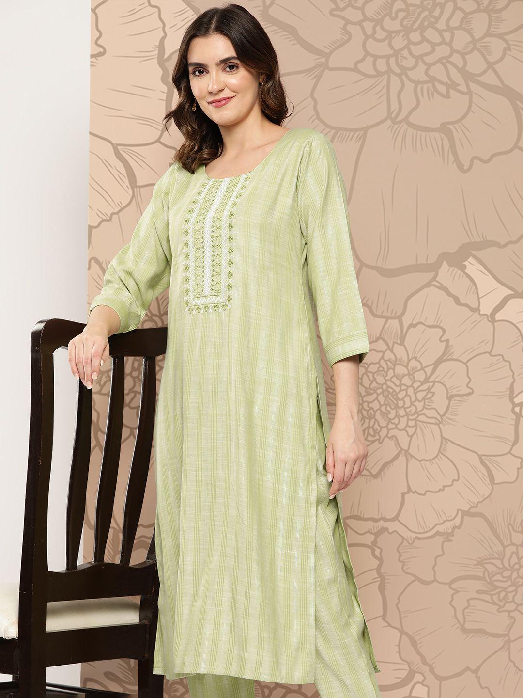 zola women green floral embroidered regular kurta with trousers