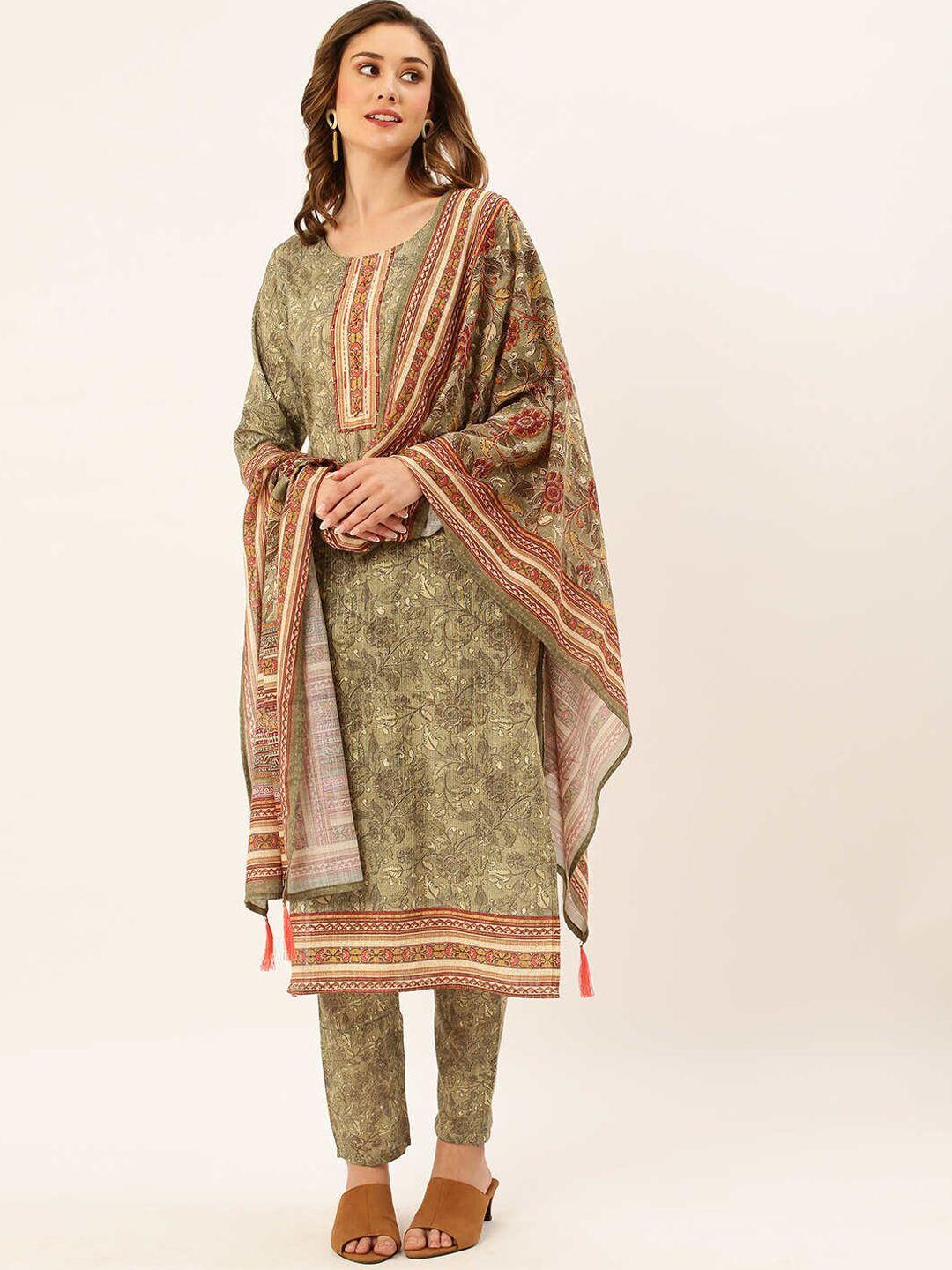 zola women green floral printed regular linen kurta with trousers & with dupatta