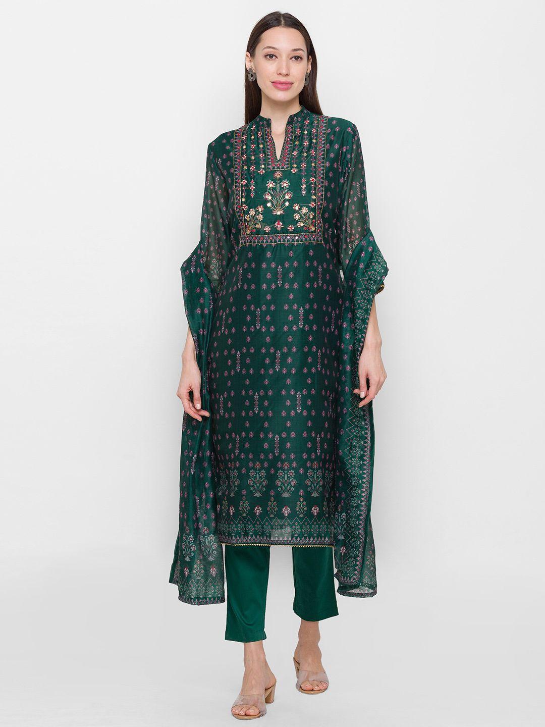 zola women green floral yoke design empire chanderi silk kurti with trousers & with dupatta