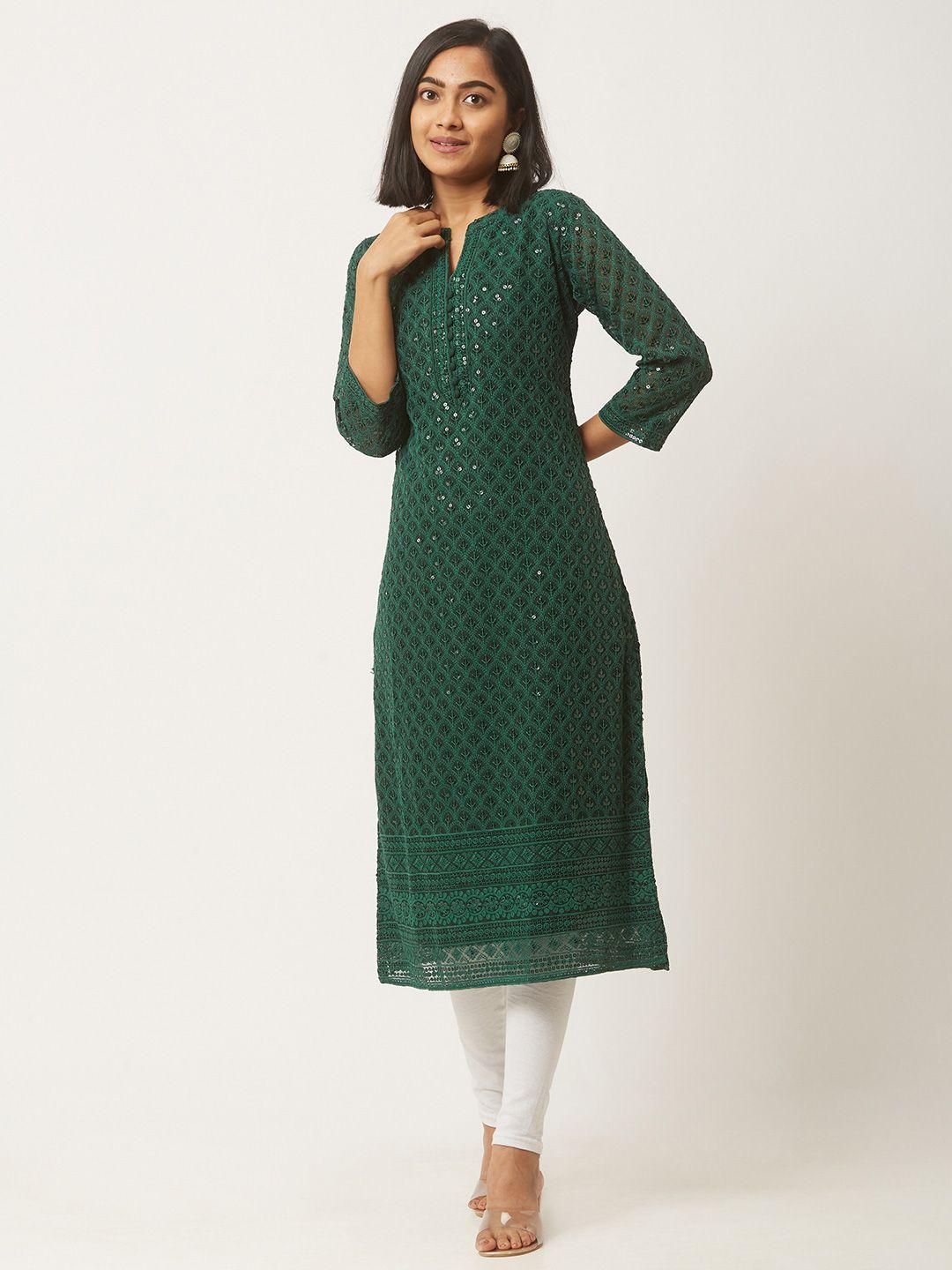 zola women green geometric embroidered chikankari georgette kurta