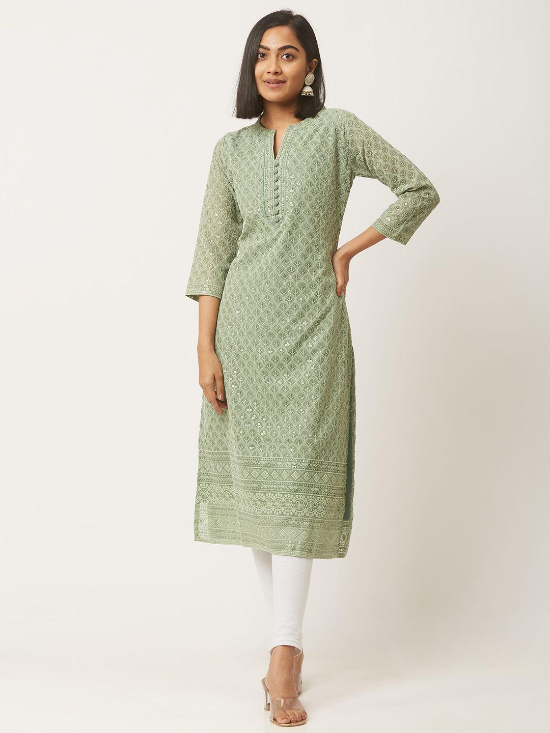 zola women green geometric embroidered keyhole neck chikankari georgette kurta