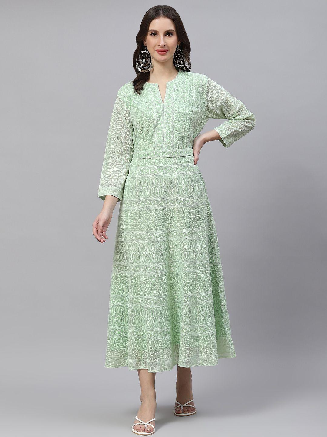 zola women green pure georgette chikankari a-line dress with belt