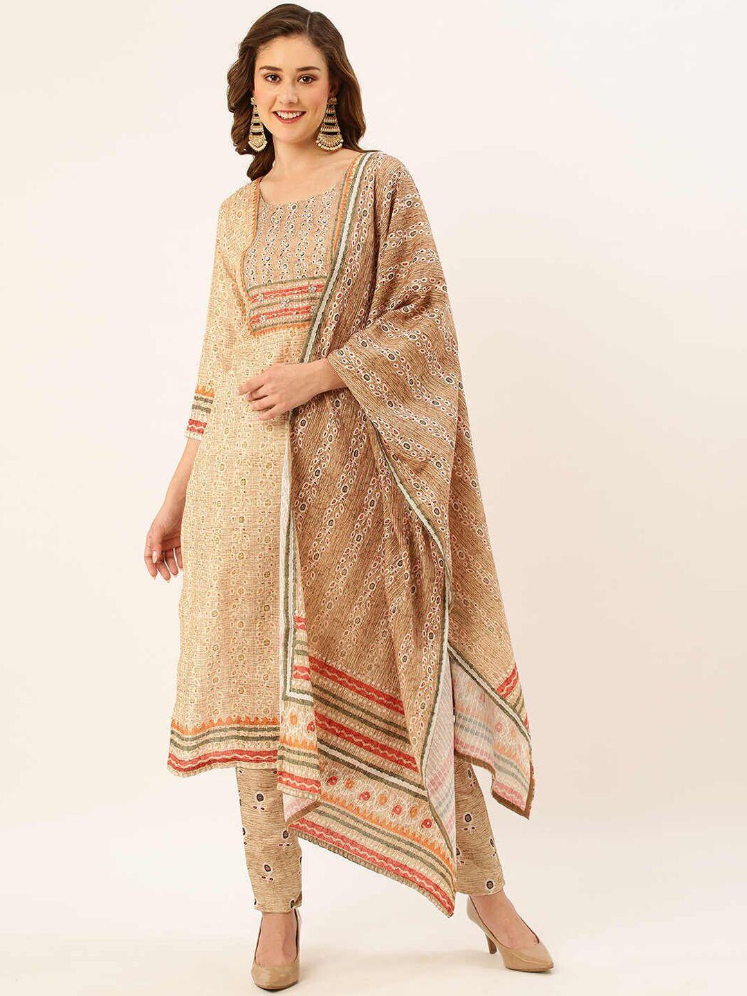 zola women khaki ethnic motifs printed regular linen kurta with trousers & with dupatta