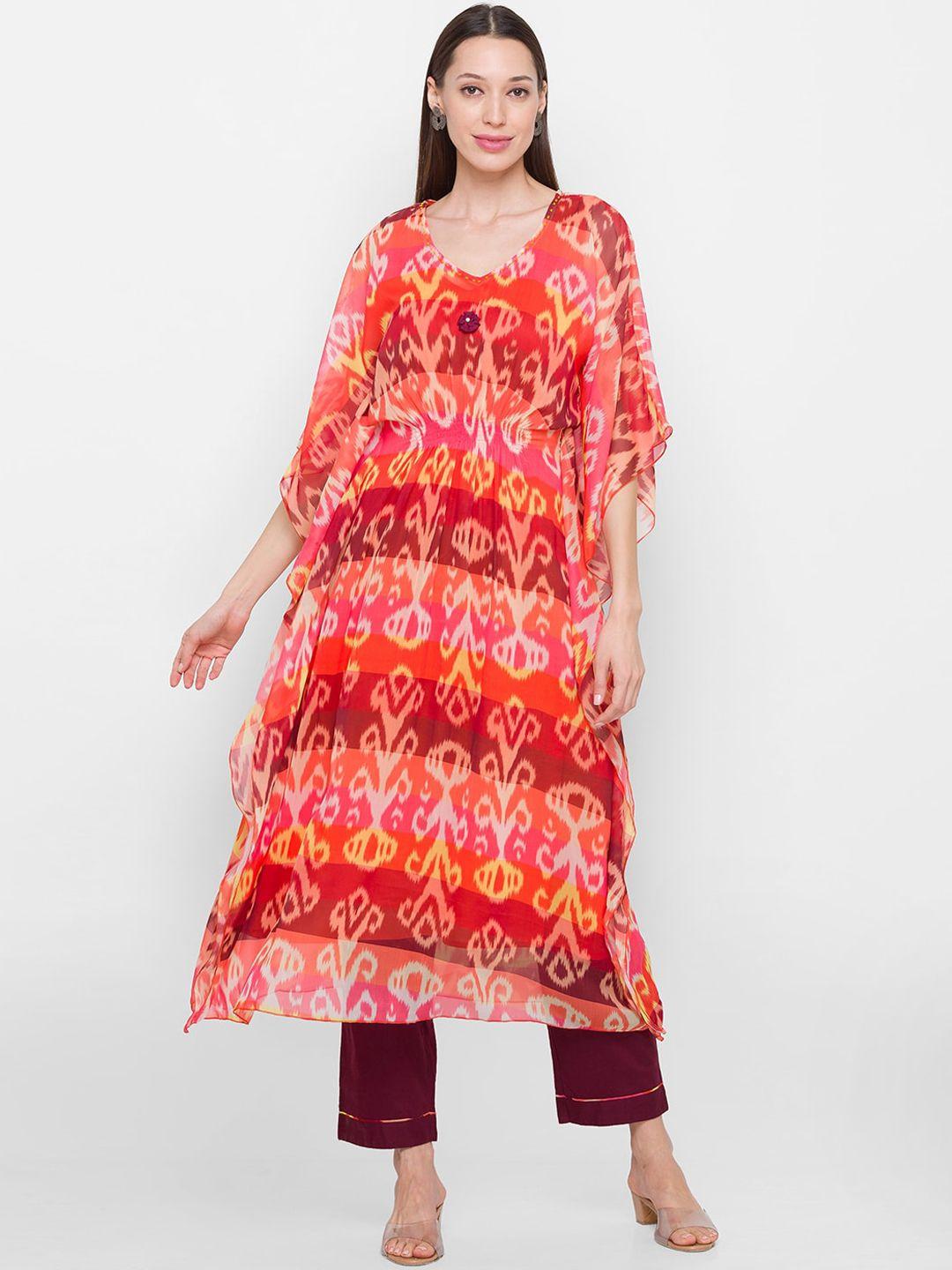 zola women peach-coloured & maroon ethnic motifs printed kaftan kurta with trousers