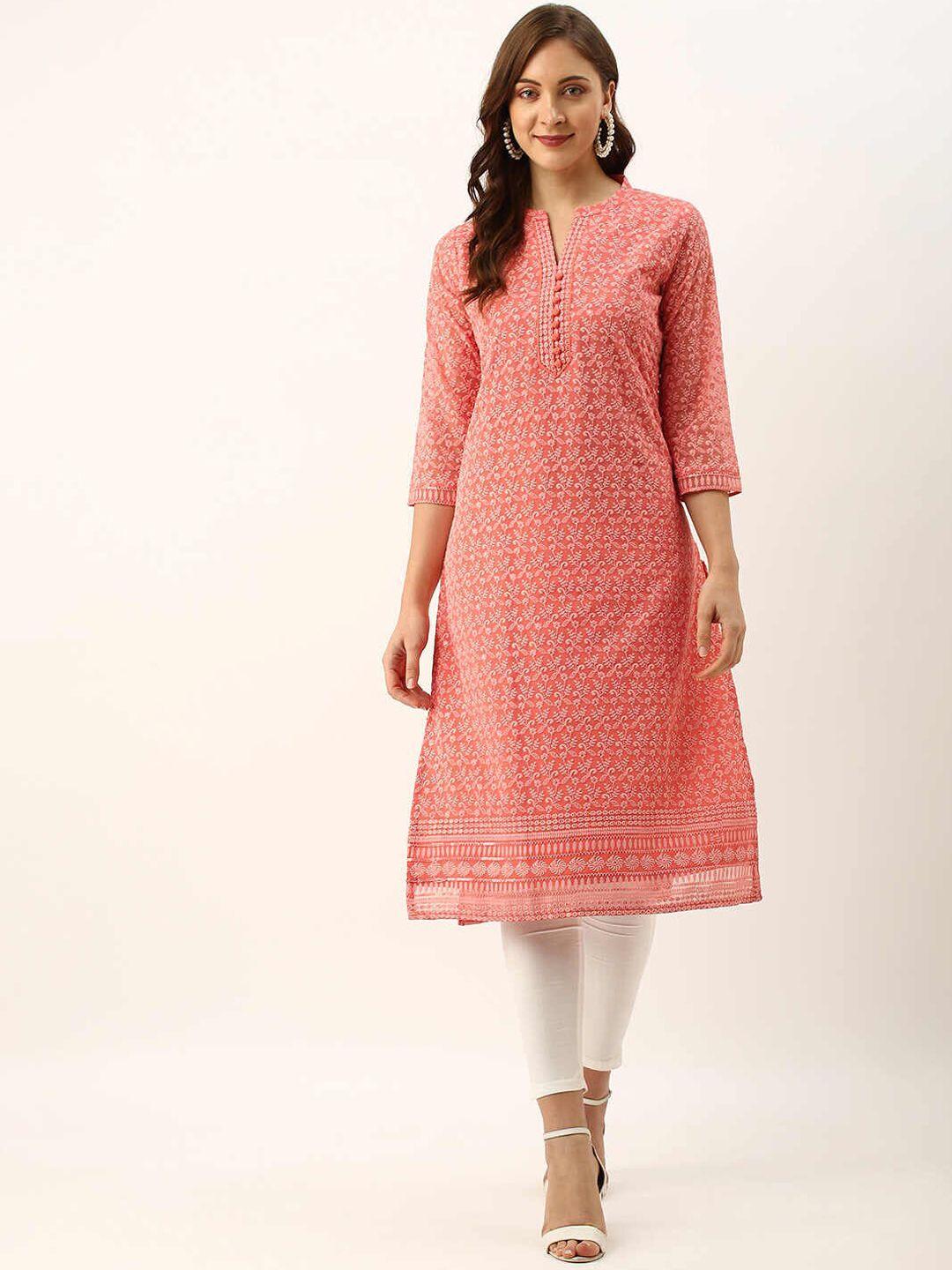 zola women peach-coloured & white floral embroidered georgette kurta