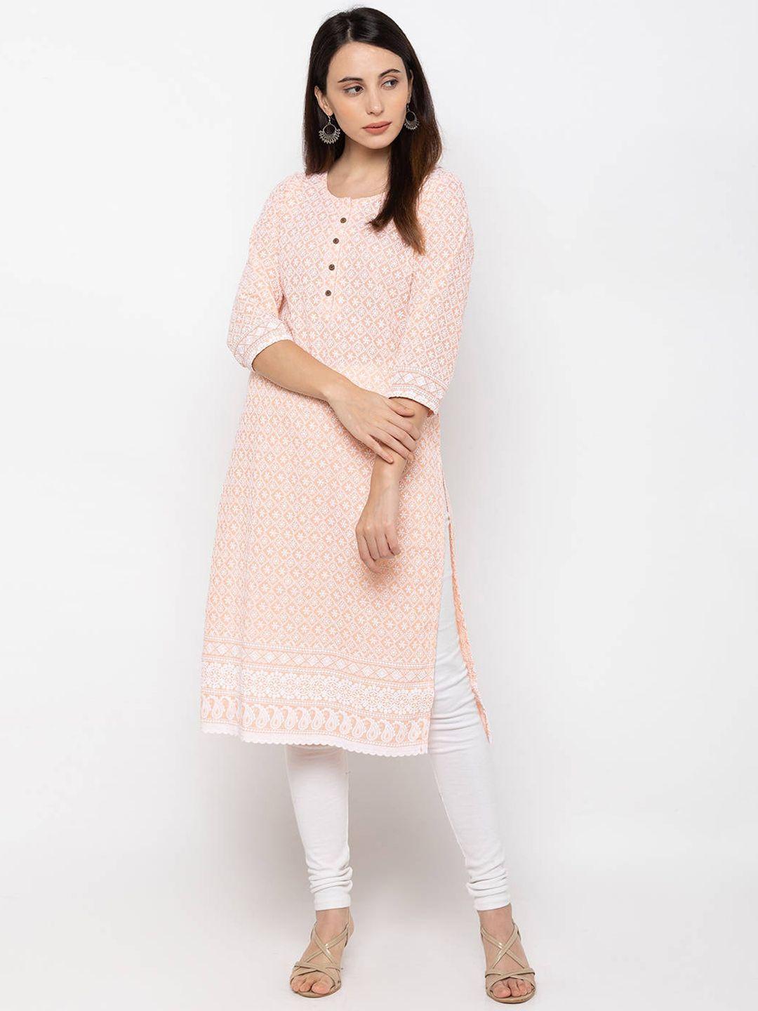 zola women peach-coloured geometric striped kurta