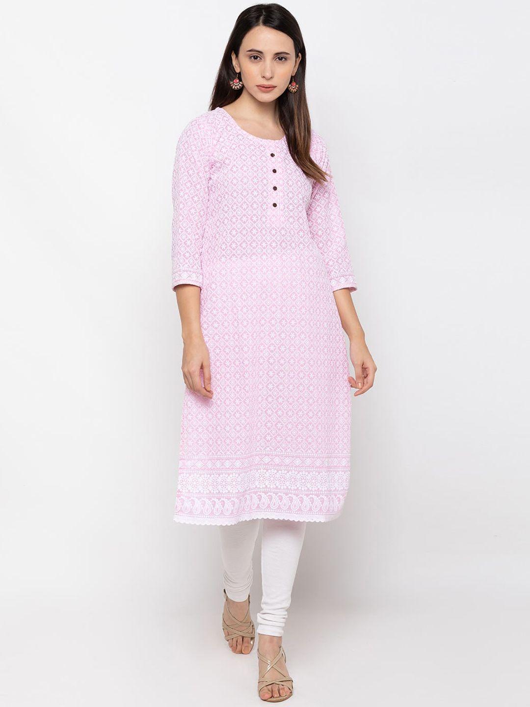 zola women pink cotton round neck lucknowi chikankari kurta