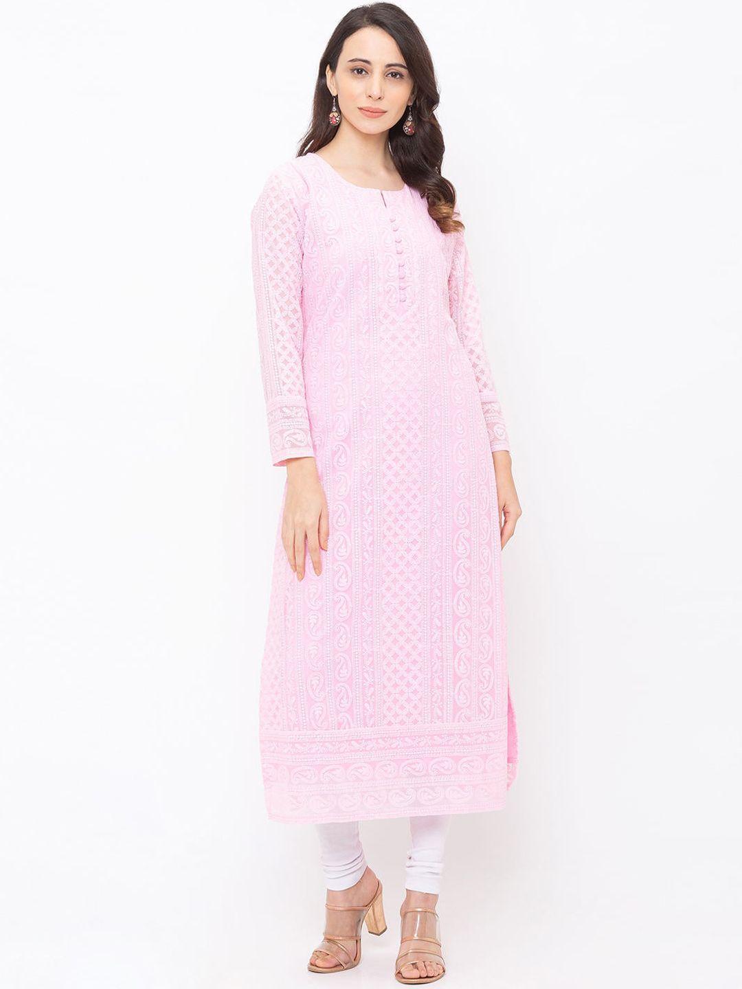 zola women pink ethnic motifs embroidered chikankari georgette kurta