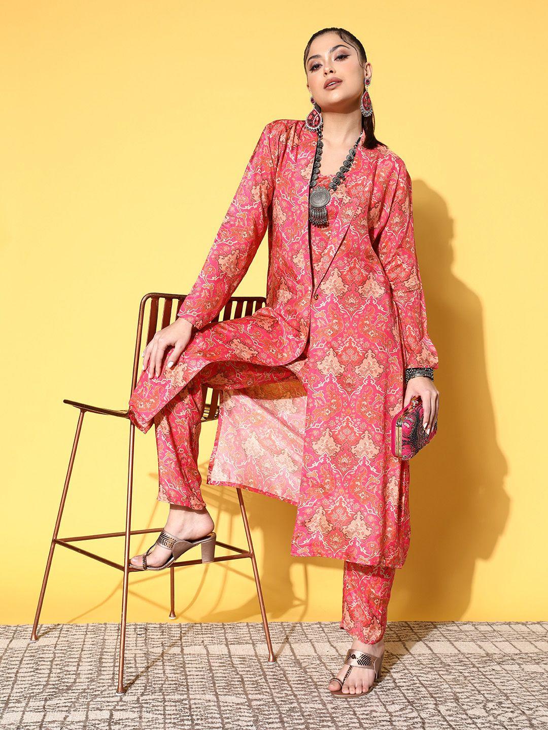 zola women pink ethnic motifs top with trousers & jacket