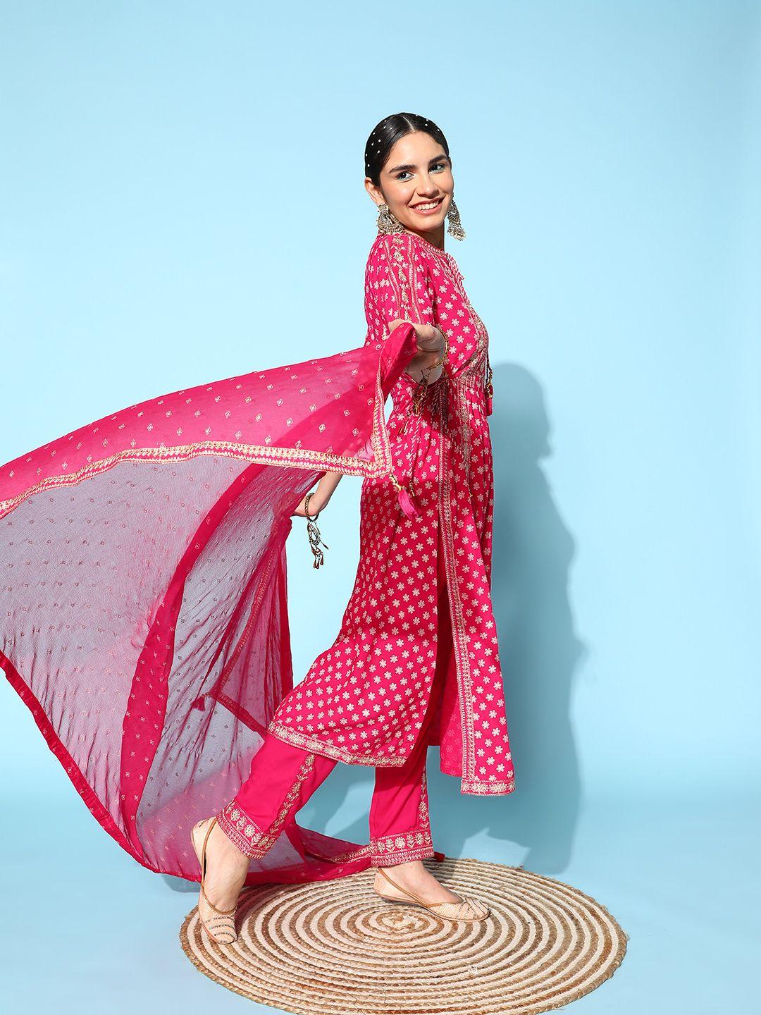 zola women pink floral embroidered kurta with trousers & with dupatta