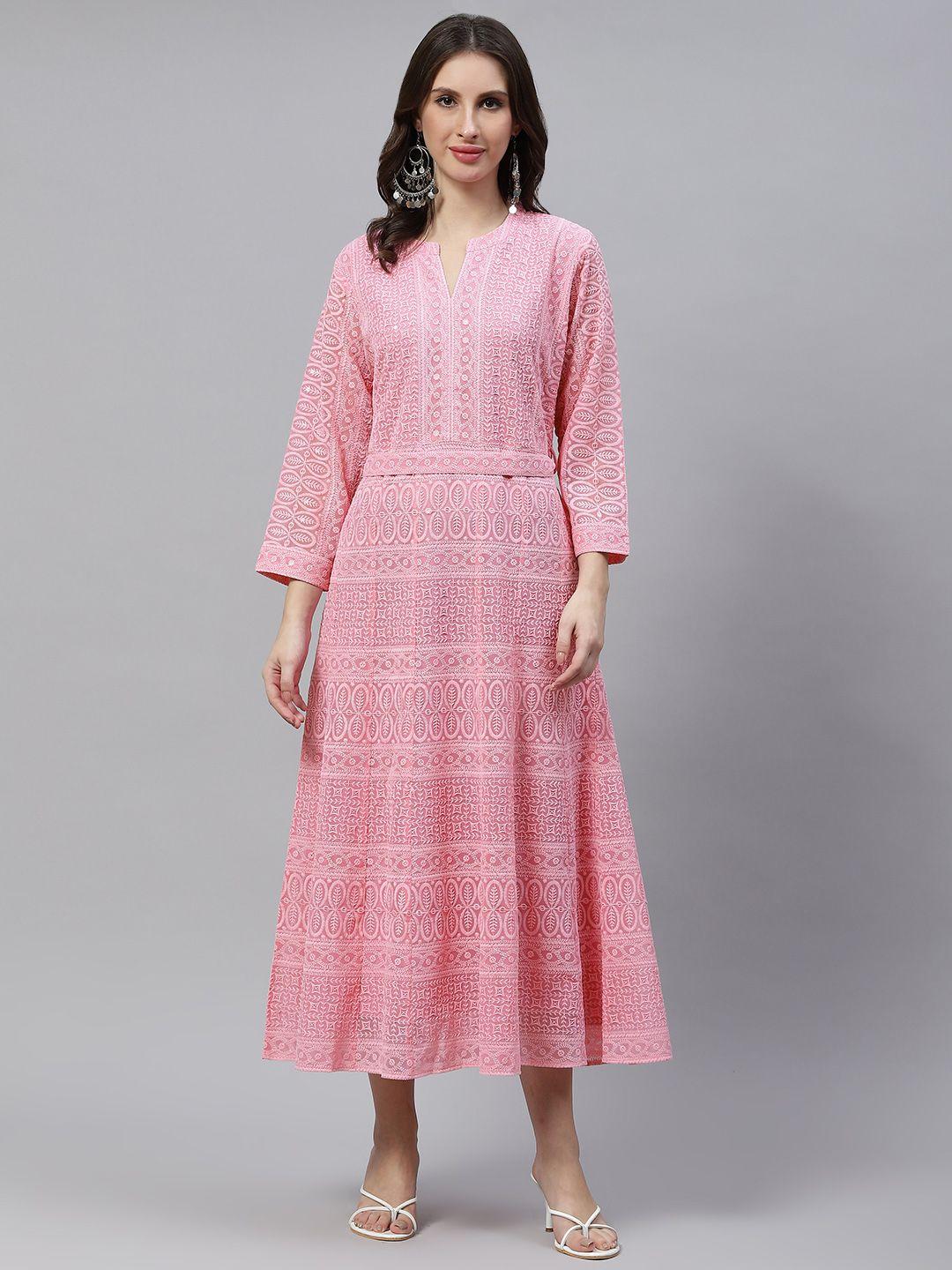 zola women pink pure georgette chikankari a-line ethnic dress with belt