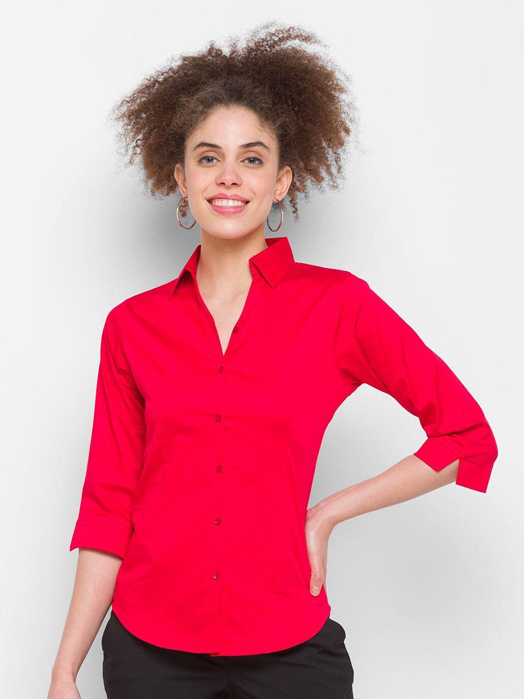 zola women red regular fit solid cotton formal shirt