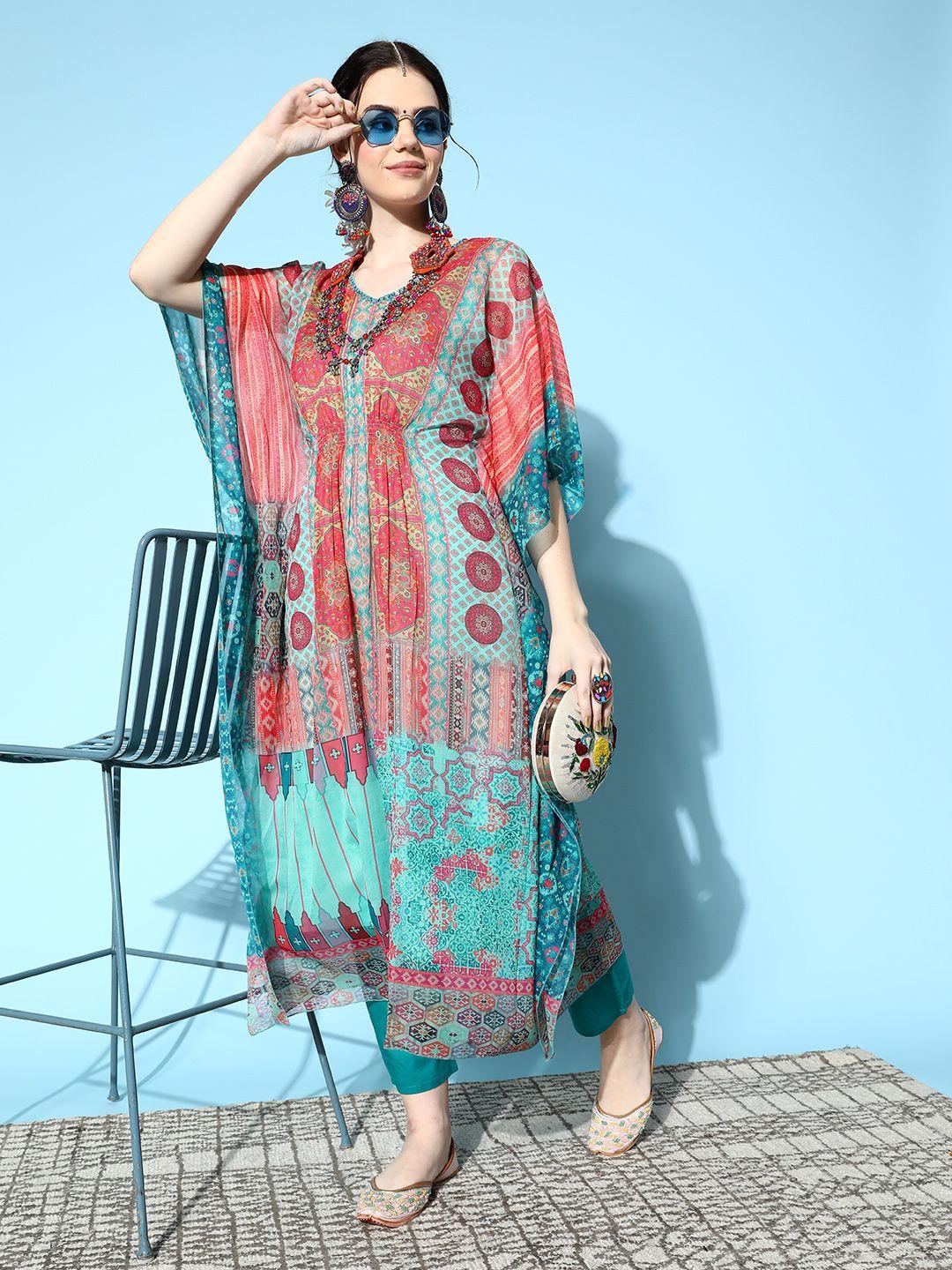 zola women sea green ethnic motifs printed kaftan kurta with trousers