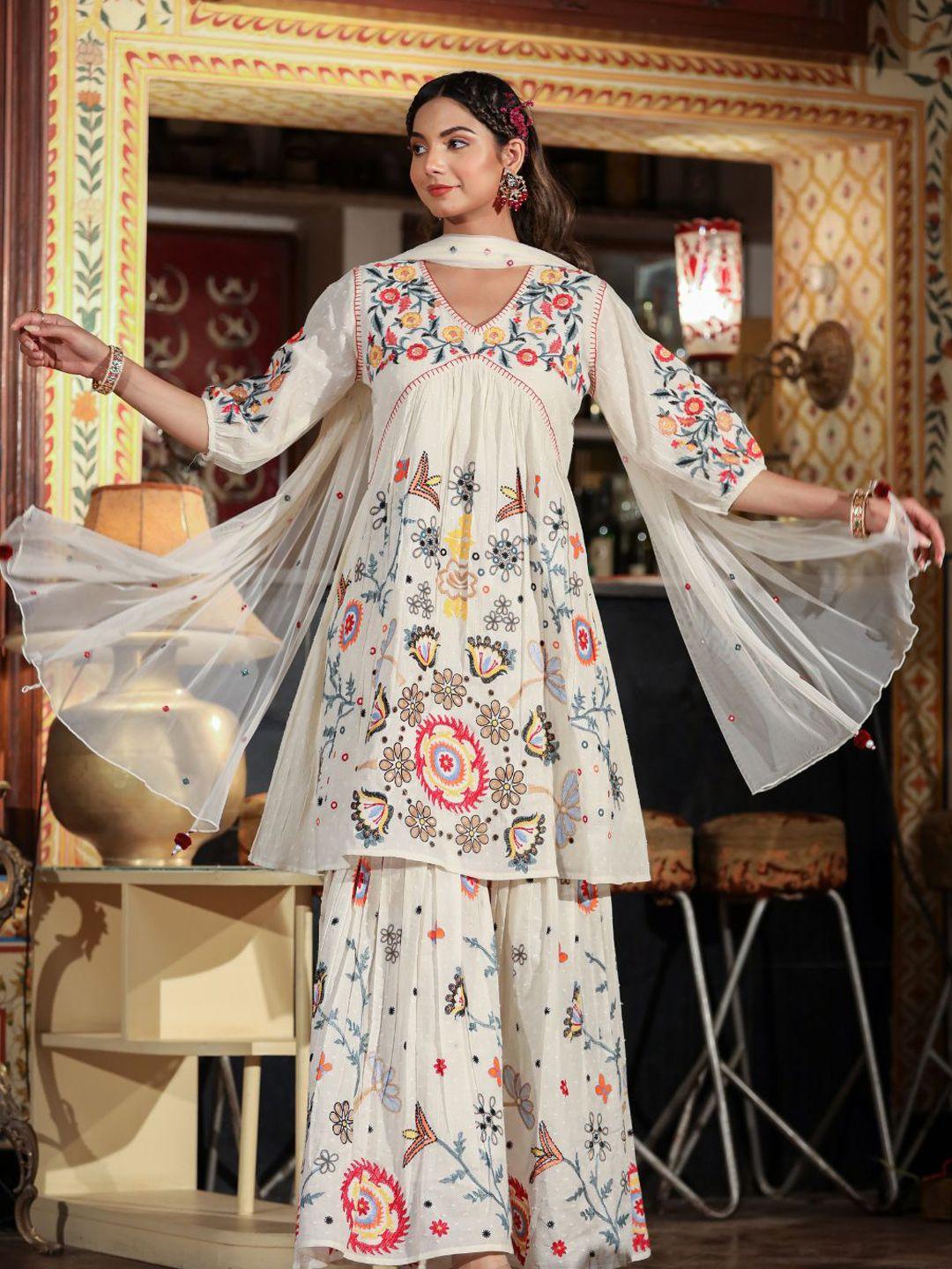 zolo label floral embroidered empire a-line kurta with sharara & with dupatta