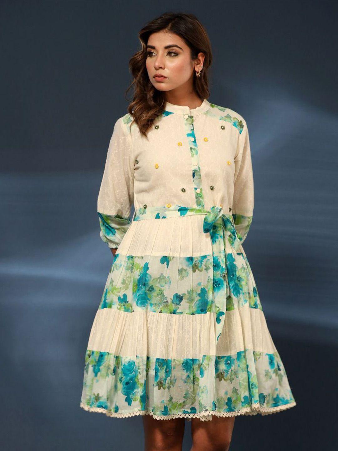 zolo-label-floral-printed-puff-sleeve-tiered-cotton-fit-&-flare-dress-with-belt