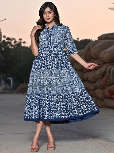 zolo label indigo blue cotton printed a-line dress