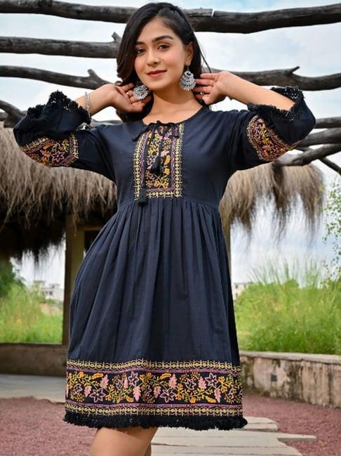 zolo label black cotton embroidered a-line dress