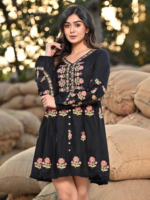 zolo label black cotton embroidered a-line dress