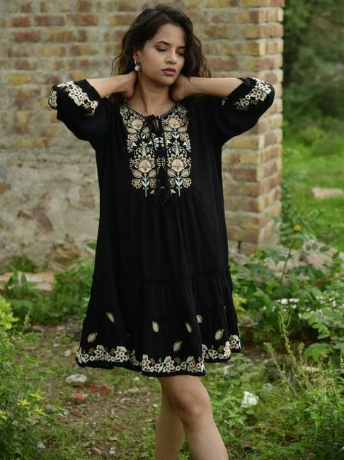 zolo label black embroidered a-line dress
