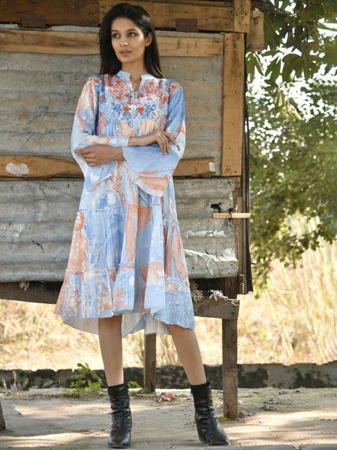 zolo label blue cotton embroidered a-line dress