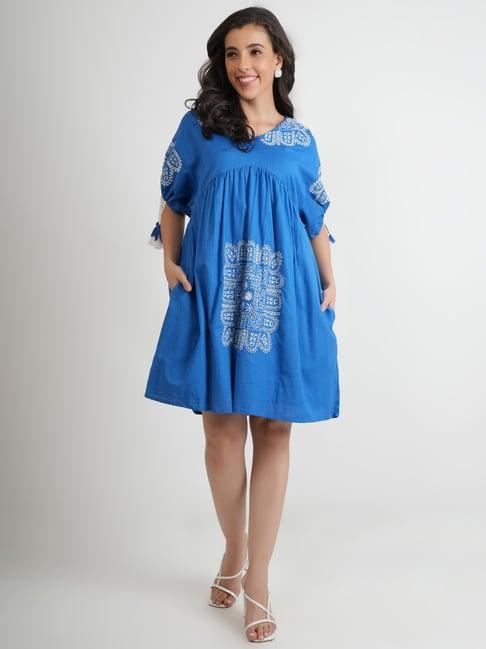 zolo label blue cotton embroidered a-line dress