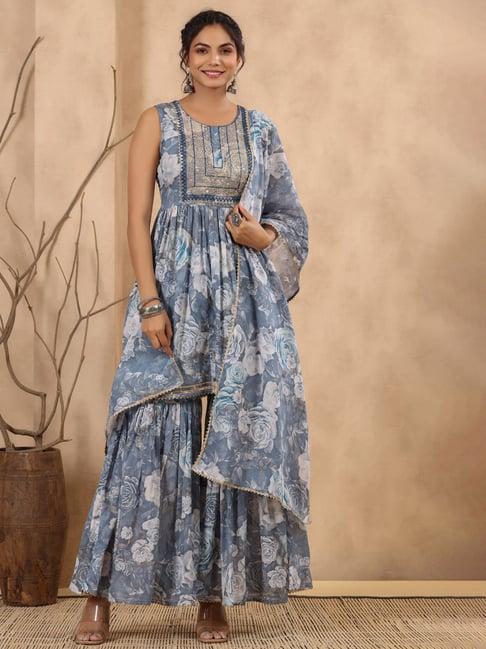 zolo label blue cotton embroidered kurti sharara set with dupatta