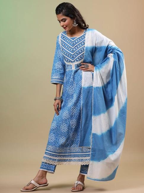 zolo label blue printed kurta with pant & dupatta