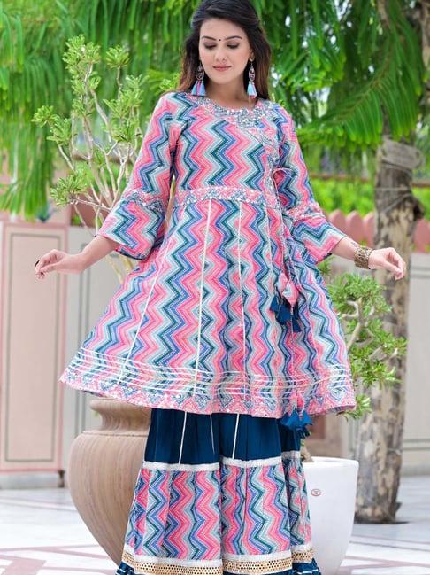 zolo label blue printed kurta with sharara & dupatta