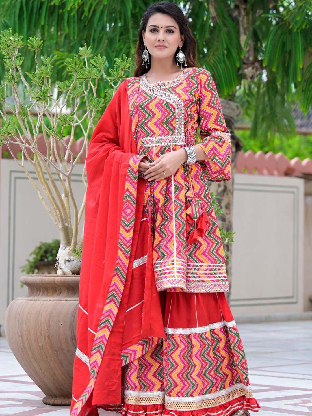 zolo label chevron printed angrakha mirror work pure cotton kurta with sharara & dupatta