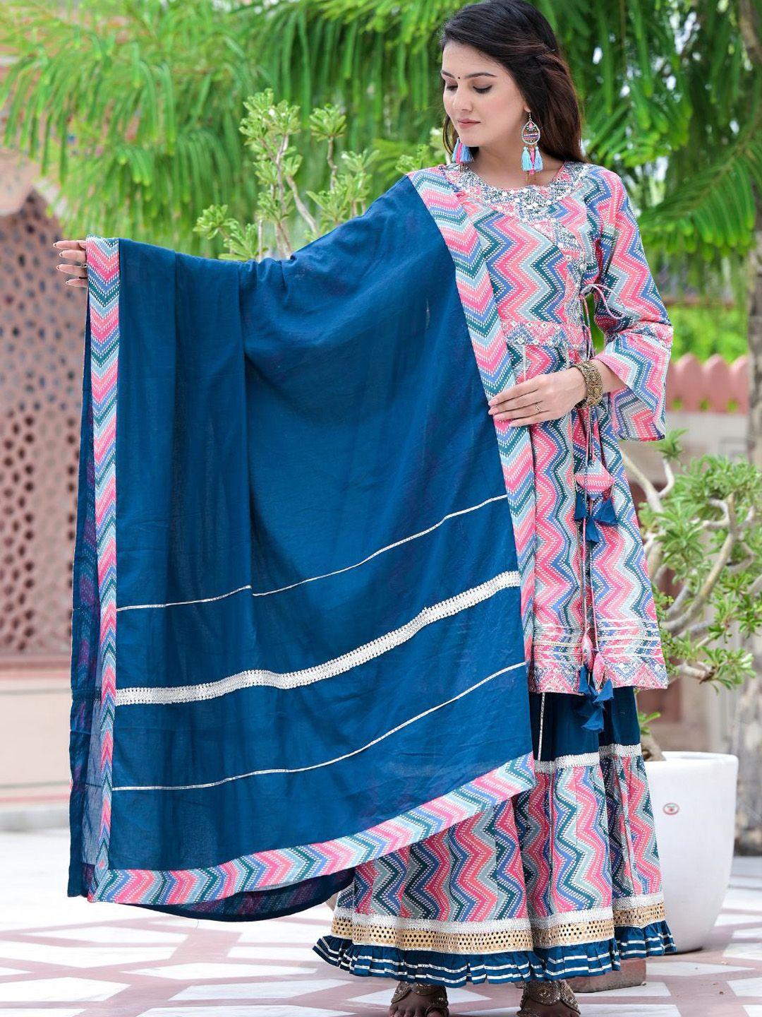 zolo label chevron printed angrakha mirror work pure cotton kurta with sharara & dupatta