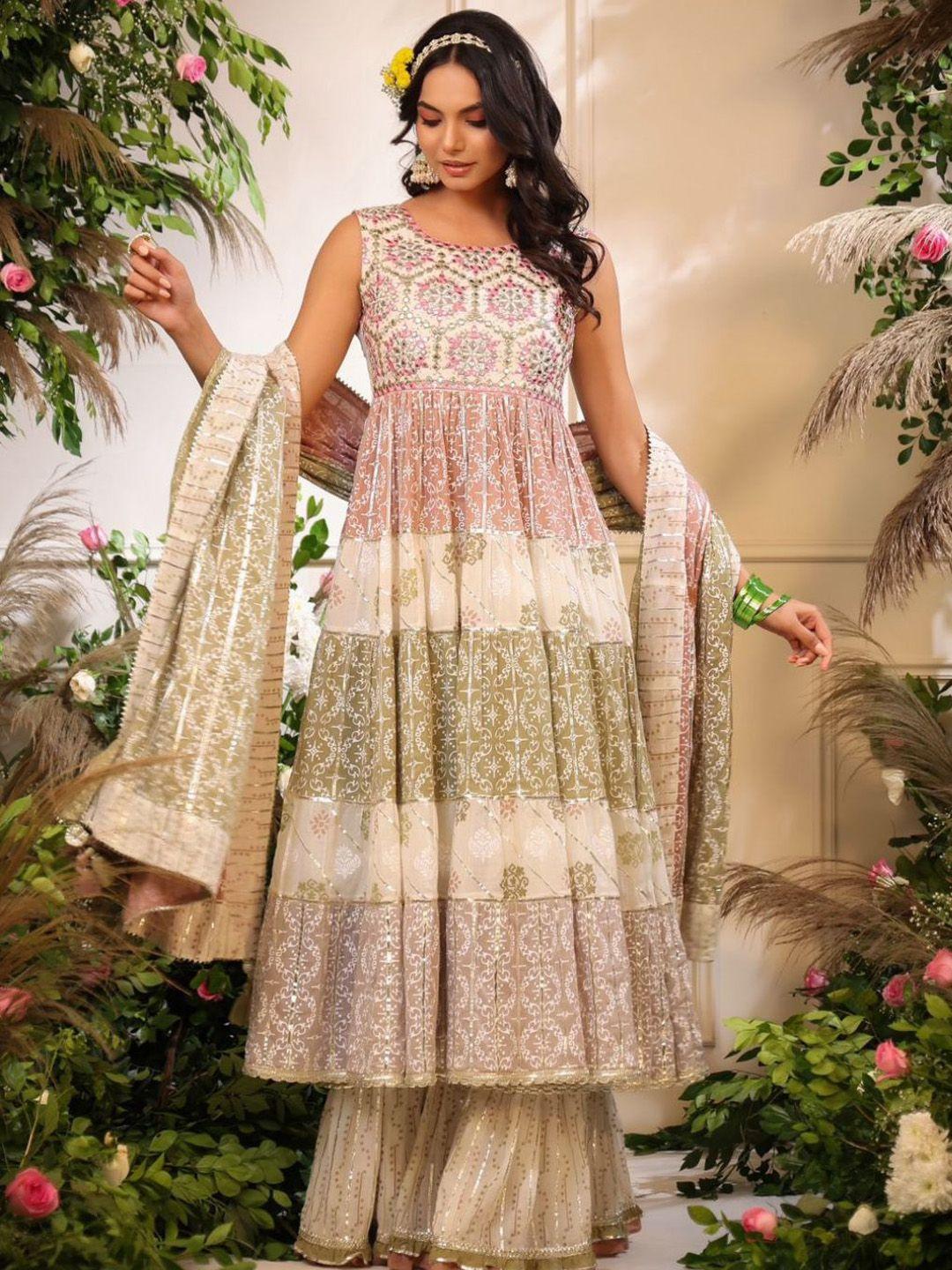 zolo label embroidered mirror work pure cotton anarkali kurta with sharara & dupatta