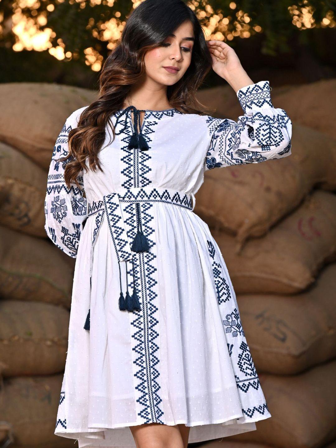 zolo label ethnic motif embroidered fit & flare dress