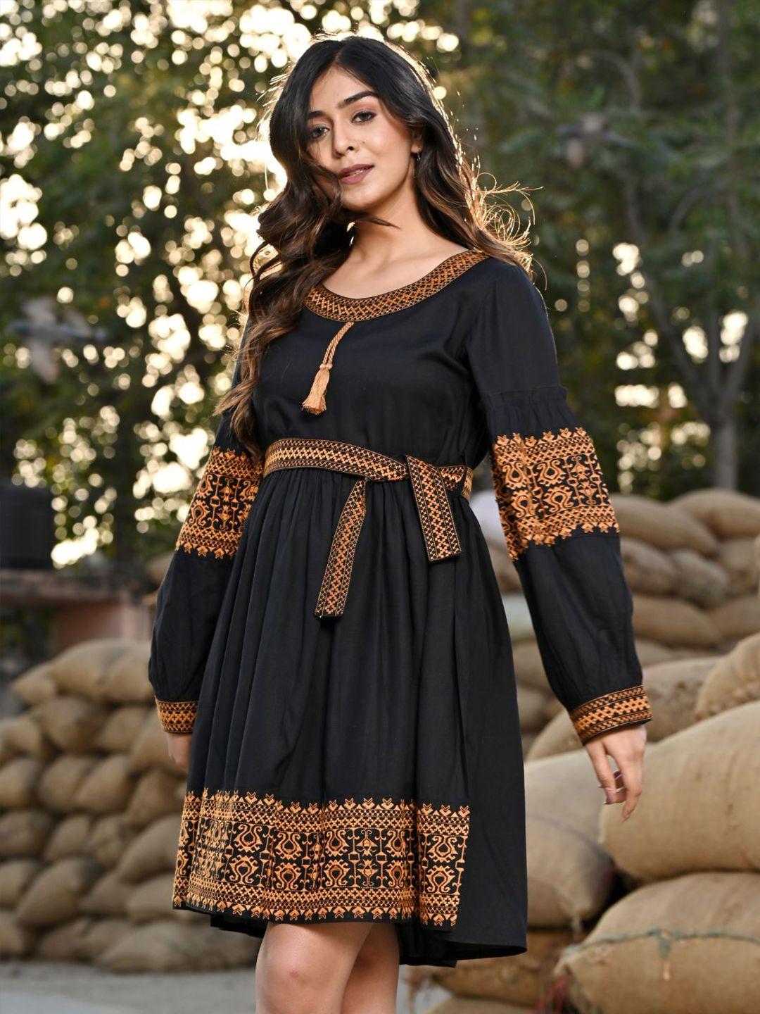 zolo label ethnic motif embroidered puff sleeves fit & flare dress