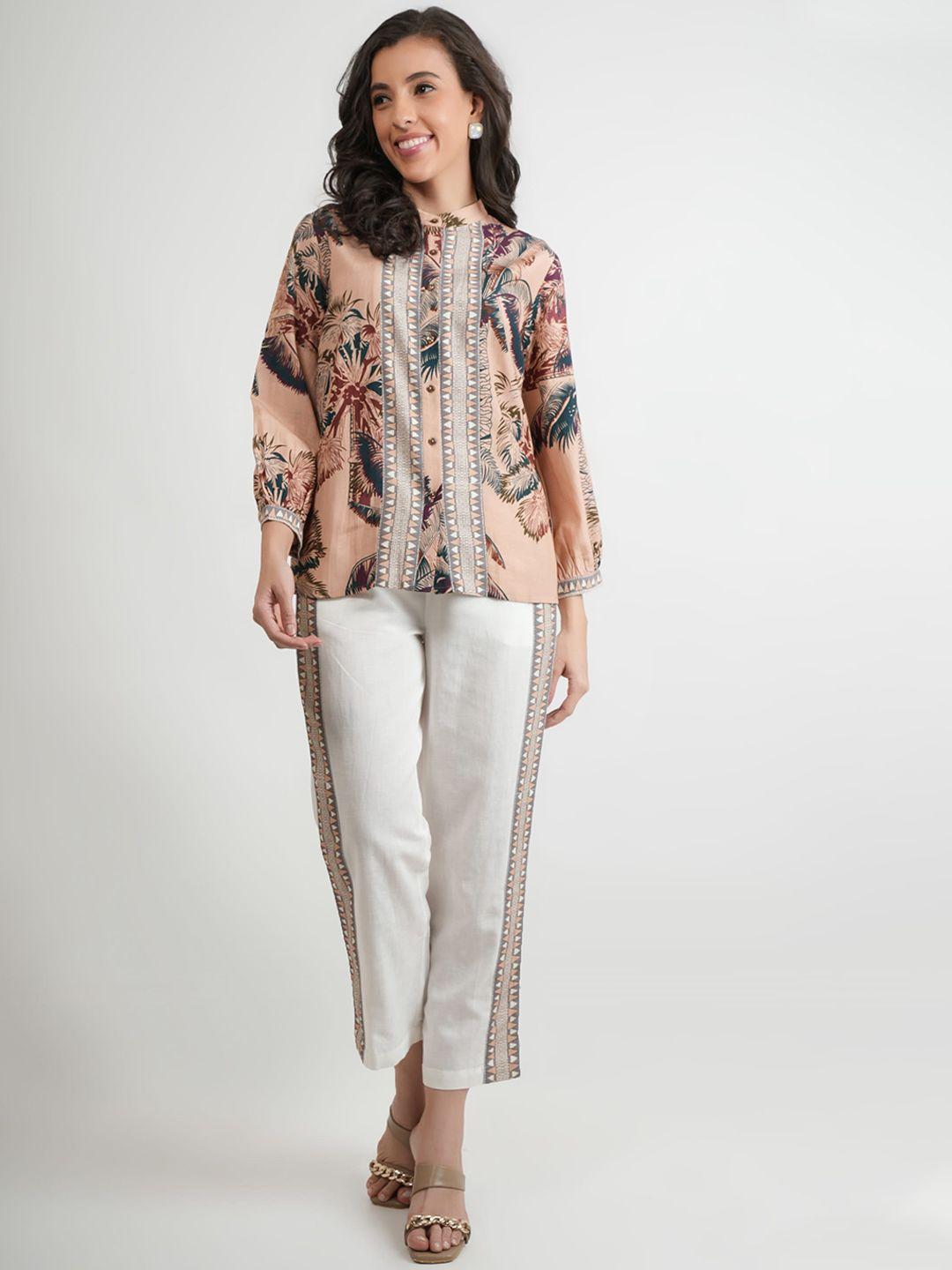 zolo label ethnic motif printed band collar shirt & trousers co-ords