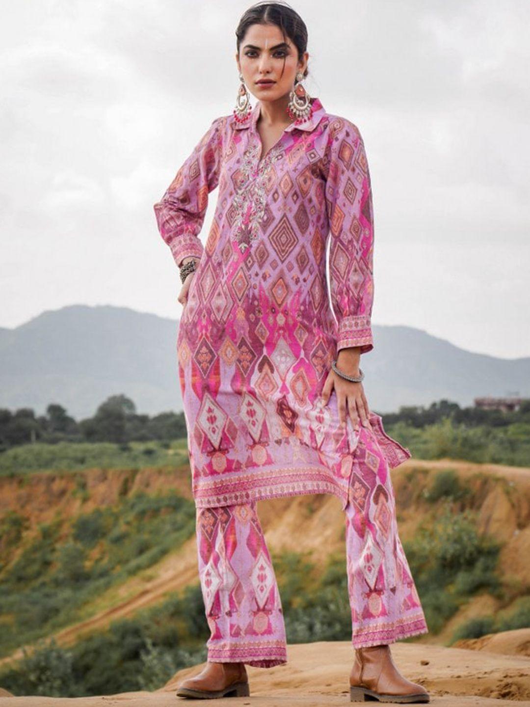 zolo label ethnic motif printed shirt collar pure cotton top & trousers co-ords