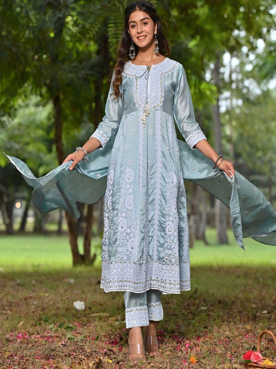 zolo label ethnic motifs embroidered chanderi silk kurta with palazzos & dupatta