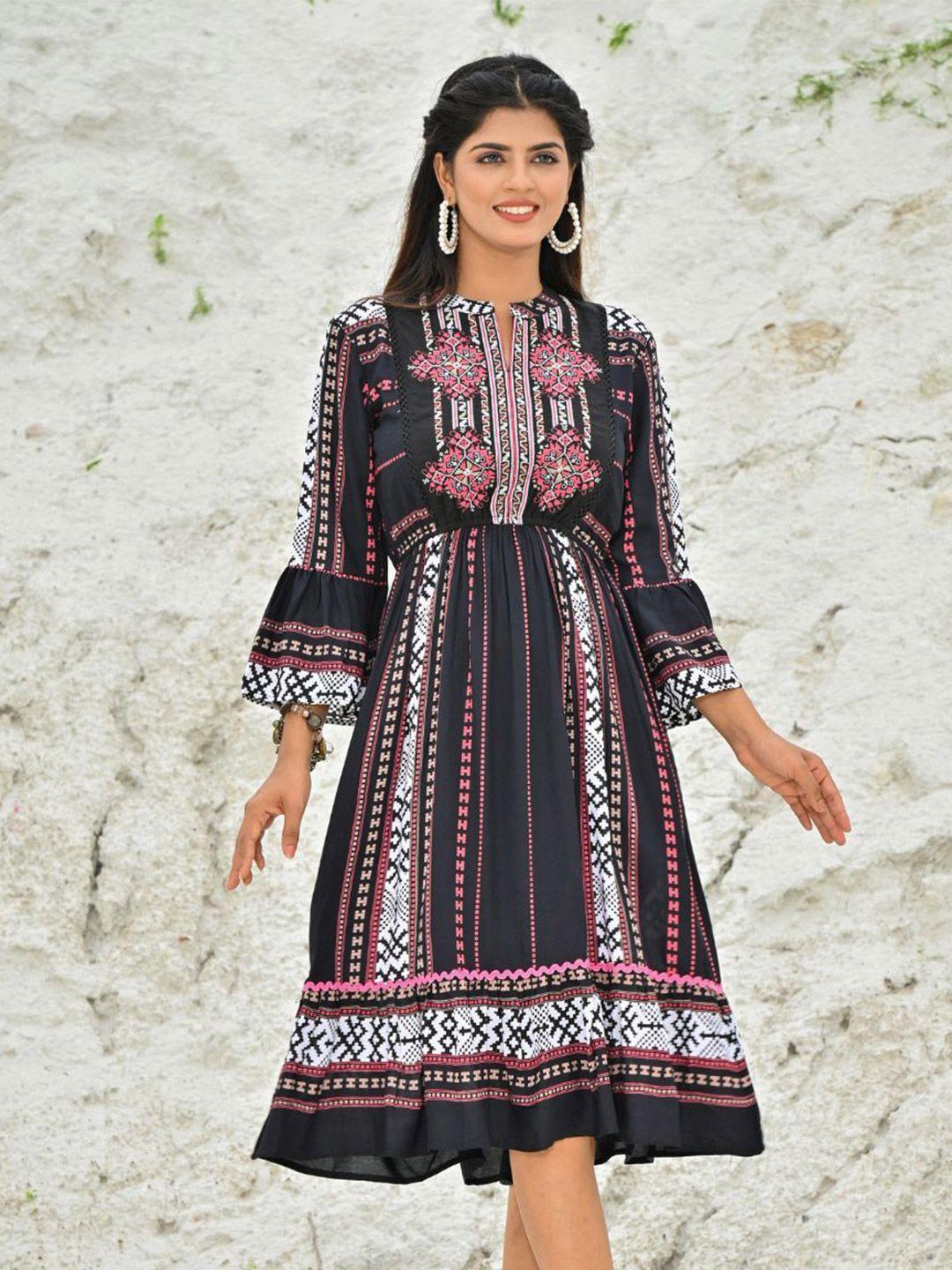 zolo label ethnic motifs printed mandarin collar bell sleeve fit & flare dress