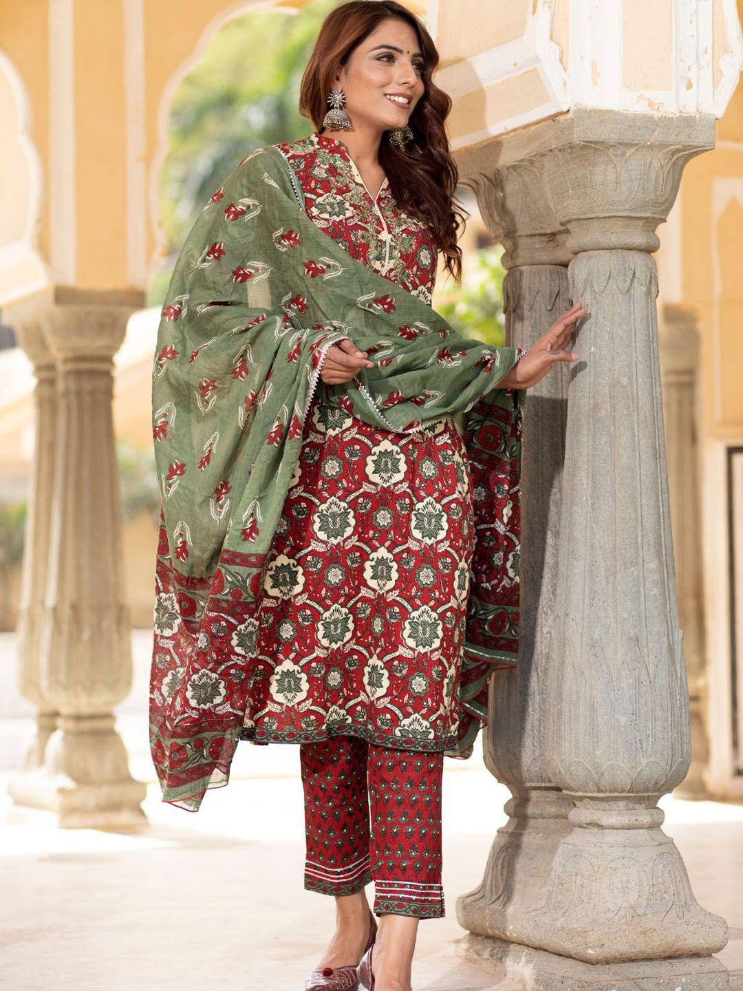 zolo label ethnic motifs printed pure cotton kurta with trousers & with dupatta