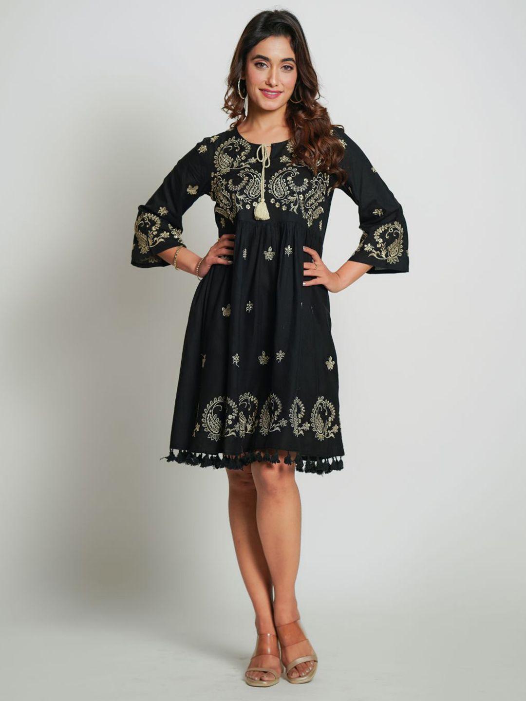 zolo label floral print tie-up neck bell sleeve fit & flare dress