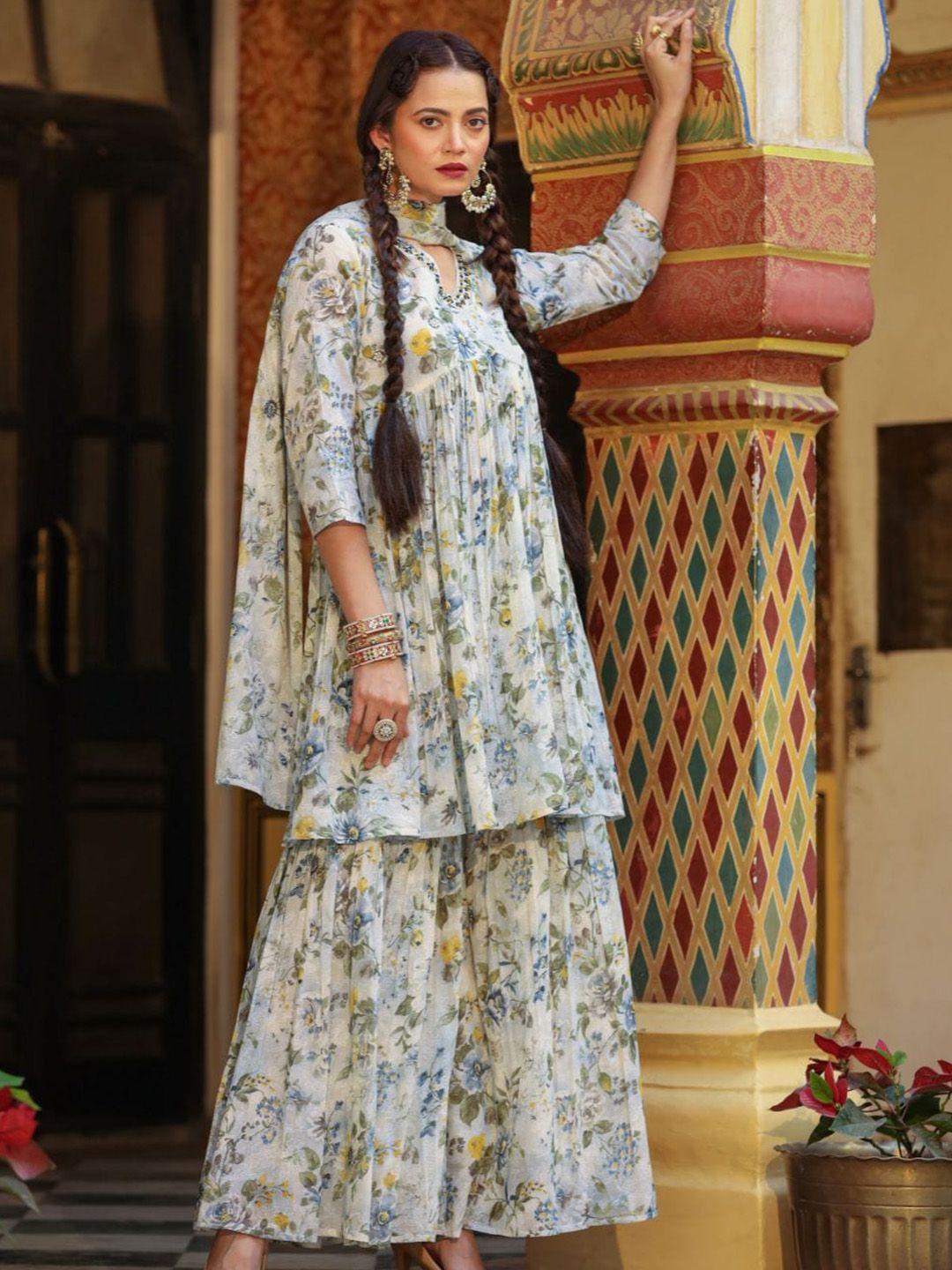 zolo label floral printed empire anarkali kurta & sharara with dupatta