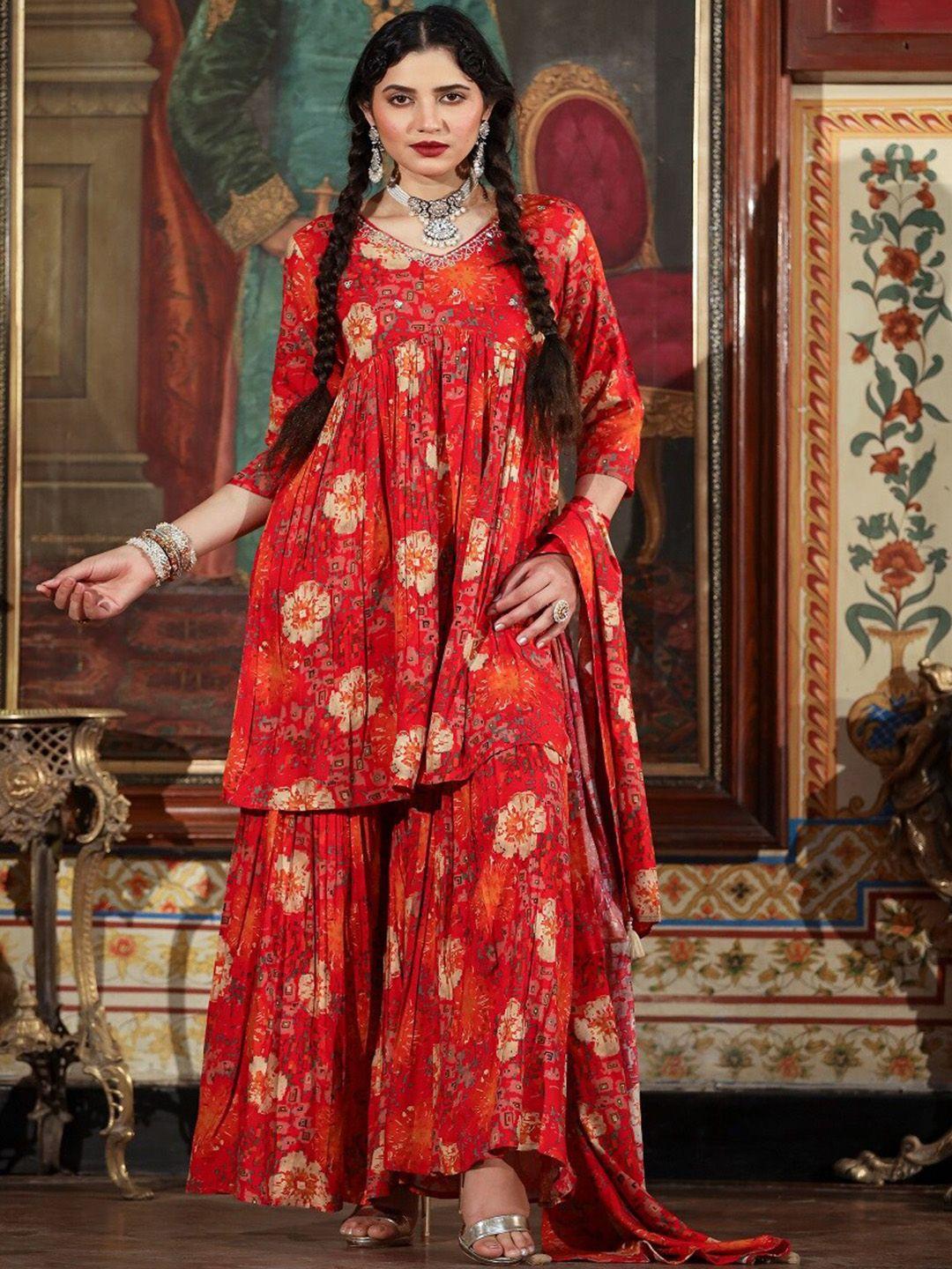 zolo label floral printed empire kurta with sharara & dupatta