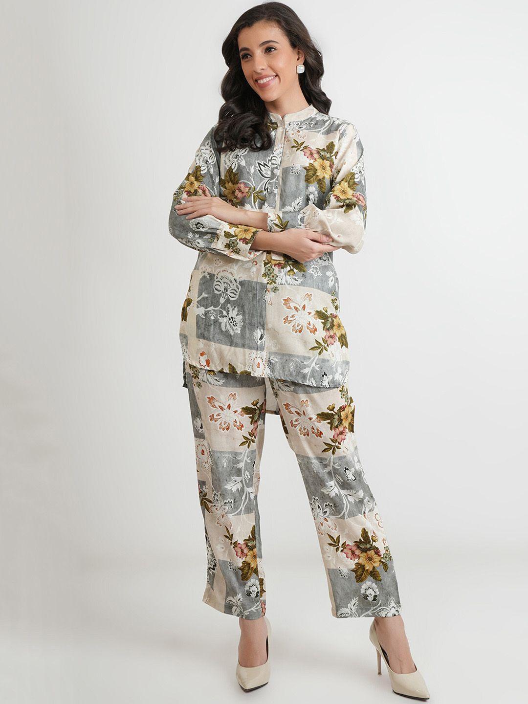 zolo label floral printed mandarin collar top & trousers