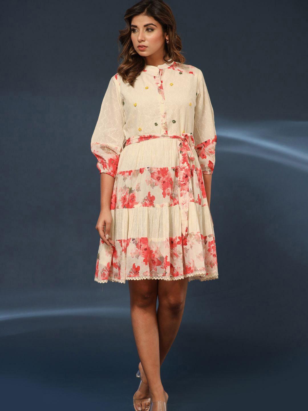 zolo label floral printed puff sleeve tiered fit & flare dress with belt