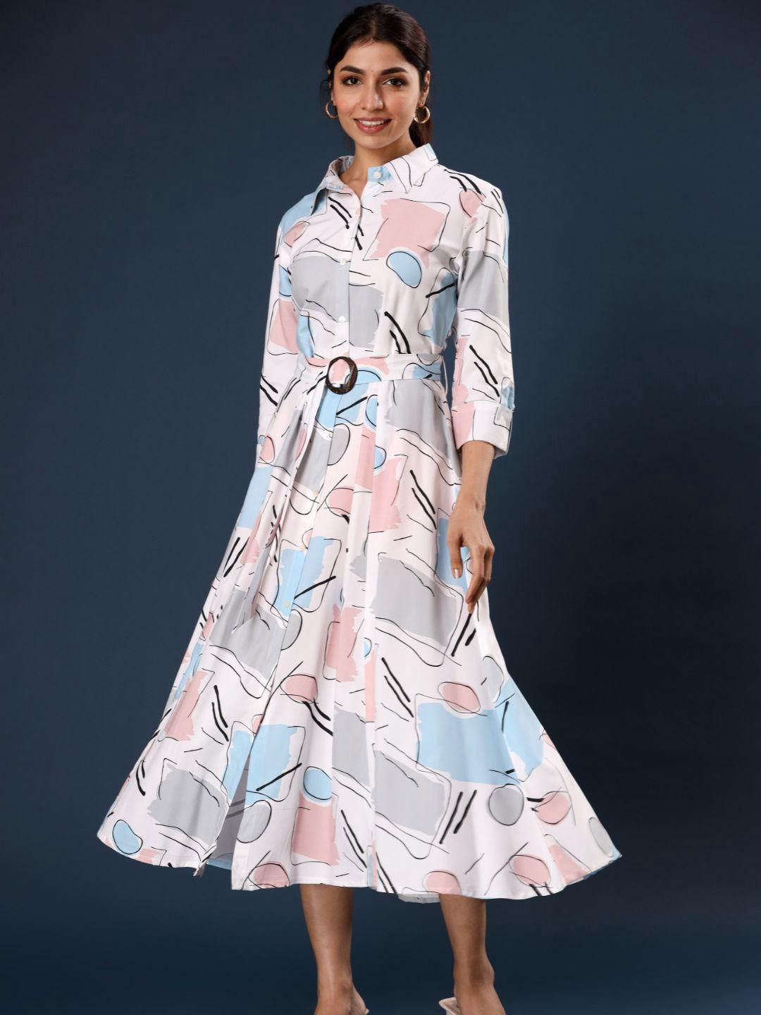 zolo label geometric printed cotton shirt midi dress with belt